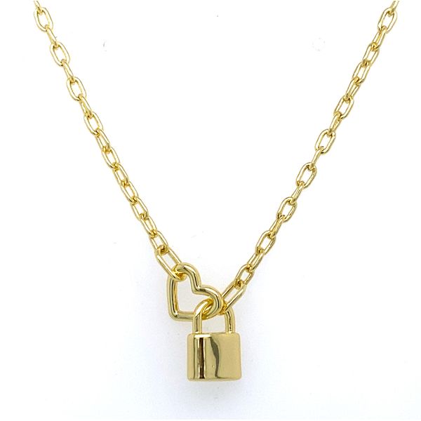 18K Yellow Gold Plated Heart Padlock Interlocking Necklace Gray's Jewelers Bespoke Saint James, NY
