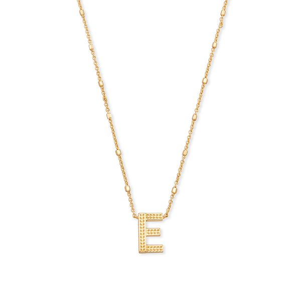 Letter E Pendant Necklace Gold Metal Gray's Jewelers Bespoke Saint James, NY