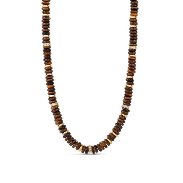 18K Yellow Gold Plated Tiger Eye Pukka Necklace Gray's Jewelers Bespoke Saint James, NY