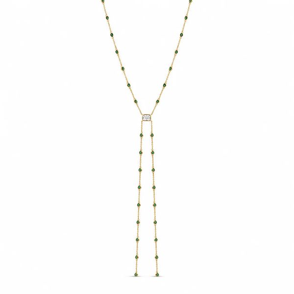 18K Yellow Gold Plated Emerald Color Teardrop Stone Lariat Necklace Gray's Jewelers Bespoke Saint James, NY