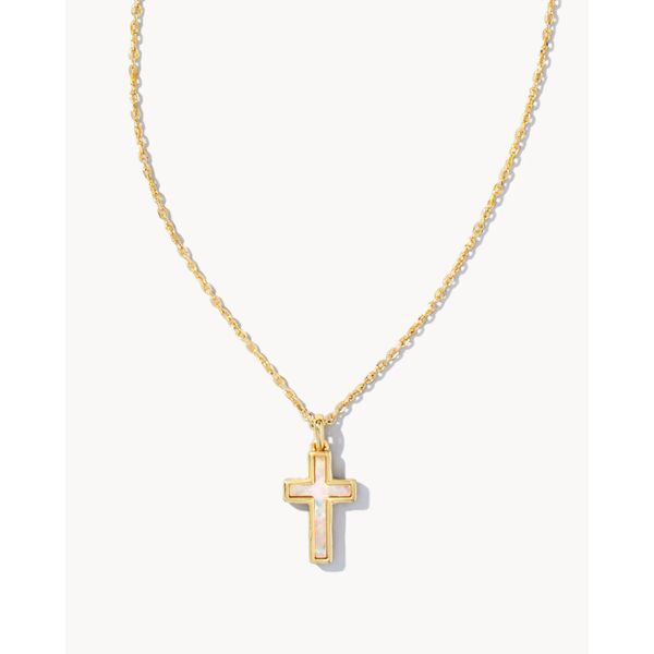 Cross Gold Pendant Necklace in White Kyocera Opal Gray's Jewelers Bespoke Saint James, NY