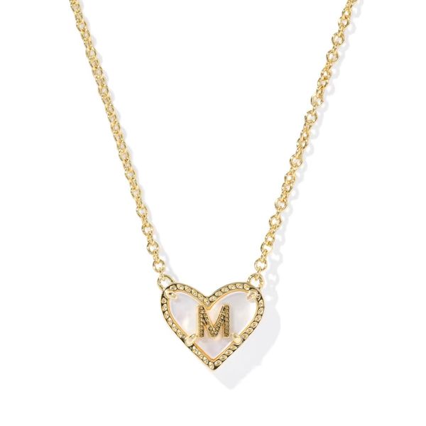 Ari Heart Letter M Gold Short Pendant Necklace Gray's Jewelers Bespoke Saint James, NY