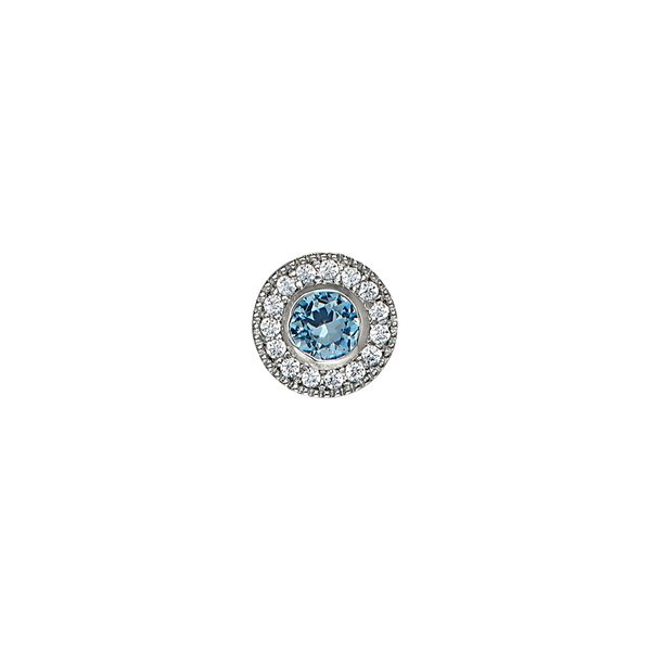 Platinum Finish Sterling Silver Micropave Round Simulated Blue Topaz Charm with Simulated Diamonds Gray's Jewelers Bespoke Saint James, NY