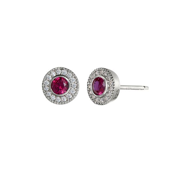 Platinum Finish Sterling Silver Micropave Round Simulated Ruby Earrings with Simulated Diamonds Gray's Jewelers Bespoke Saint James, NY