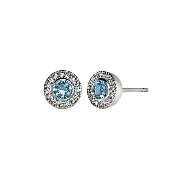 Platinum Finish Sterling Silver Micropave Round Simulated Blue Topaz Earrings with Simulated Diamonds Gray's Jewelers Bespoke Saint James, NY