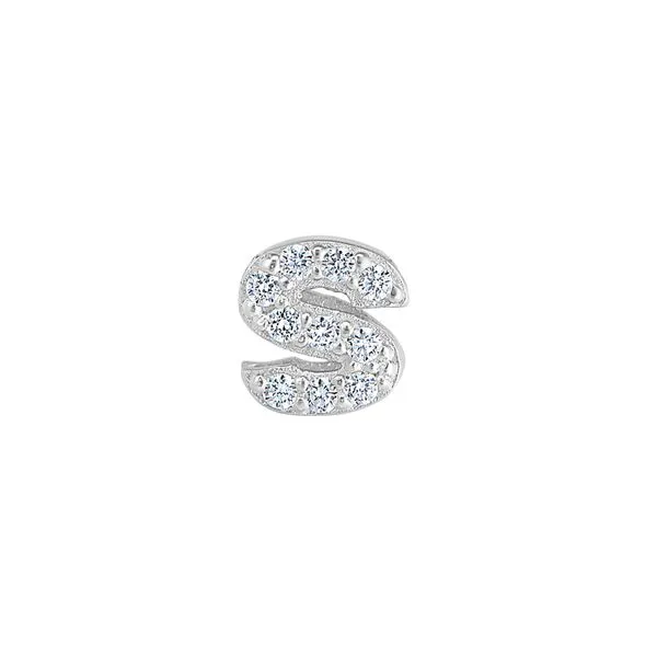 Platinum Finish Sterling Silver Micropave S Initial Charm with Simulated Diamonds Gray's Jewelers Bespoke Saint James, NY