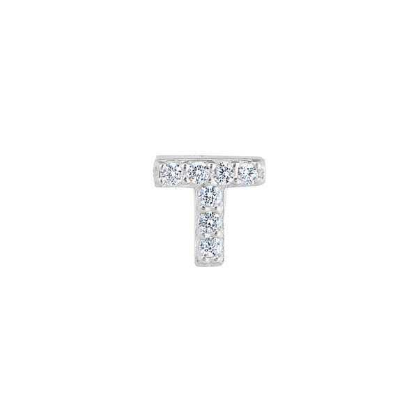 Platinum Finish Sterling Silver Micropave T Initial Charm with Simulated Diamonds Gray's Jewelers Bespoke Saint James, NY