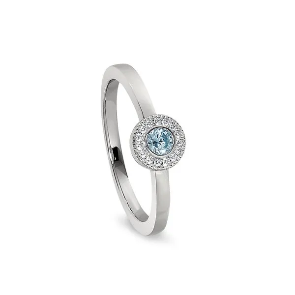 Platinum Finish Sterling Silver Micropave Round Simulated Aquamarine Ring with Simulated Diamonds Size 7 Gray's Jewelers Bespoke Saint James, NY