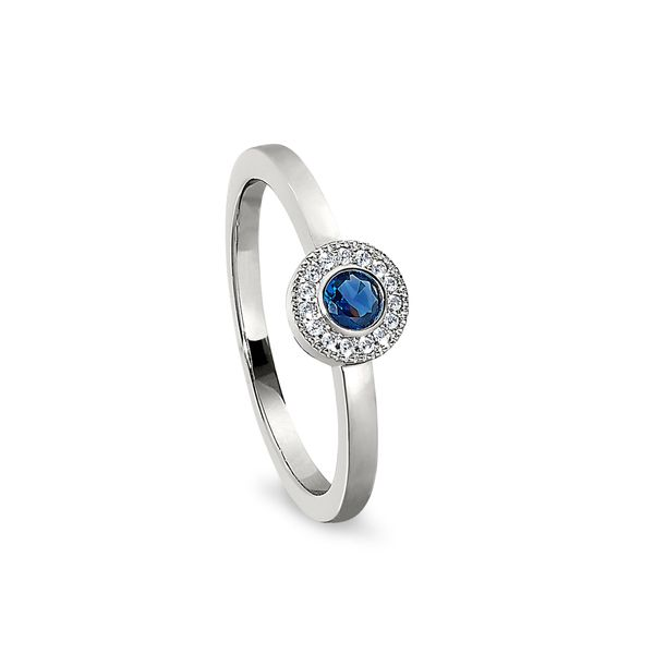 Platinum Finish Sterling Silver Micropave Round Simulated Sapphire Ring with Simulated Diamonds Size 5 Gray's Jewelers Bespoke Saint James, NY