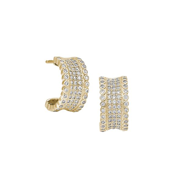 Gold Finish Sterling Silver Micropave Five Row Concave Huggie Earrings with Simulated Diamonds Gray's Jewelers Bespoke Saint James, NY