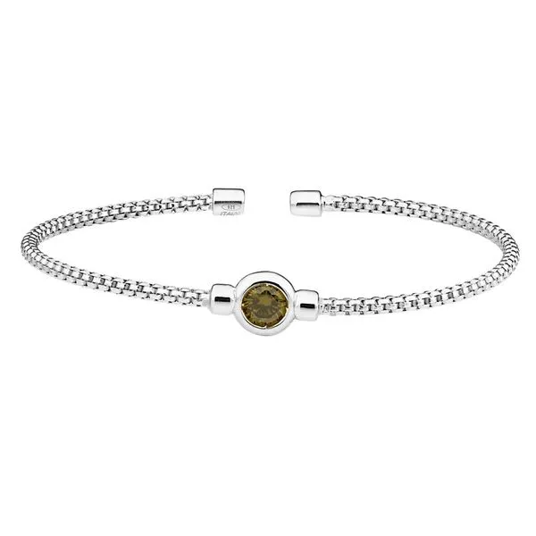 Rhodium Finish Sterling Silver Rounded Box Link Cuff Bracelet with Bezel Set Simulated Peridot Birth Gem Gray's Jewelers Bespoke Saint James, NY