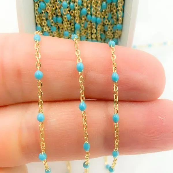 14K Yellow Gold Enamel Turquoise Color Cable Chain by the Inch for Permanent Jewelry Gray's Jewelers Bespoke Saint James, NY