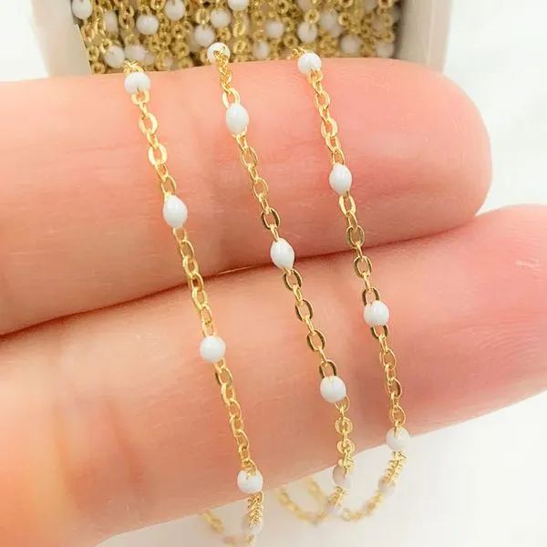 14K Yellow Gold Enamel White Color Cable Chain By The Inch For Permanent Jewelry Gray's Jewelers Bespoke Saint James, NY