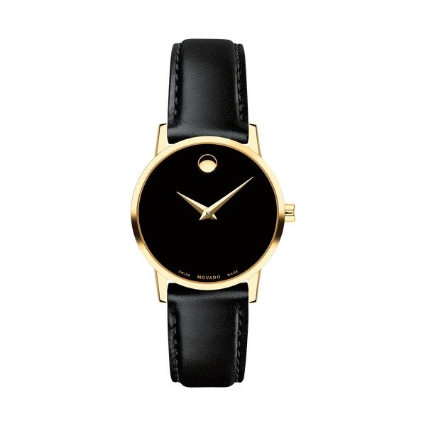 Movado Museum Classic watch, 28 mm yellow gold PVD-finished stainless steel case, black Museum dial with yellow gold-toned dot a Graziella Fine Jewellery Oshawa, ON