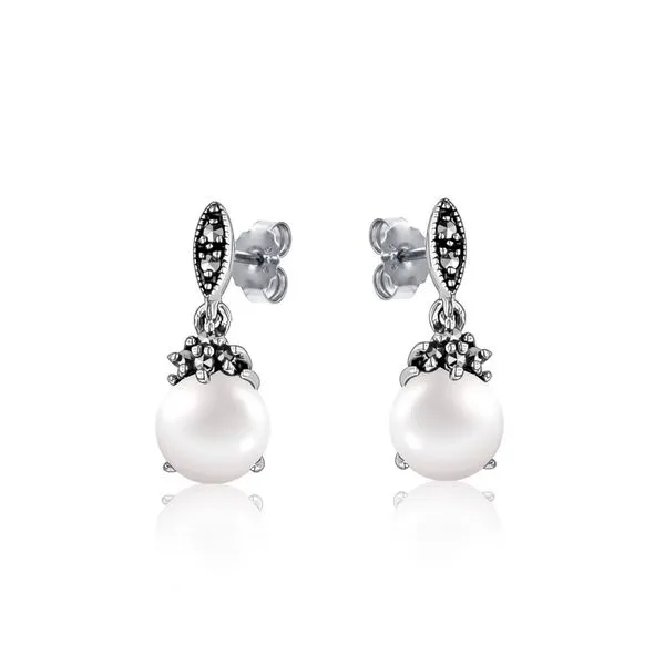 Larus Sterling Silver Marcasite and 7mm Freshwater Pearl Earrings. Graziella Fine Jewellery Oshawa, ON