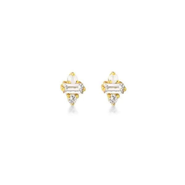 Sterling Silver Gold Vermeil Dainty Baguette & Round CZ Stud. Graziella Fine Jewellery Oshawa, ON