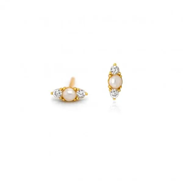 Sterling Silver Gold Vermeil Dainty Pearl and CZ Stud Earrings. Graziella Fine Jewellery Oshawa, ON