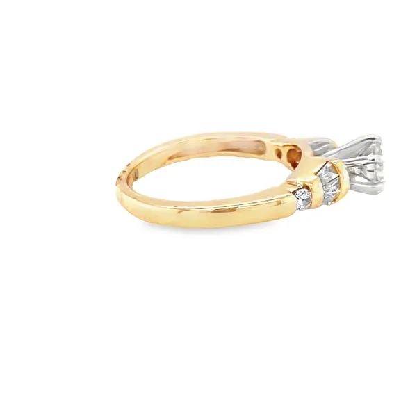 14K YG ROUND AND BAGUETTE DIAMOND ENGAGEMENT RING
