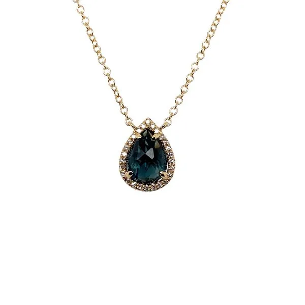 14K Yellow Gold Blue Topaz & Diamond Halo Pendant Necklace Hannoush Jewelers, Inc. Albany, NY