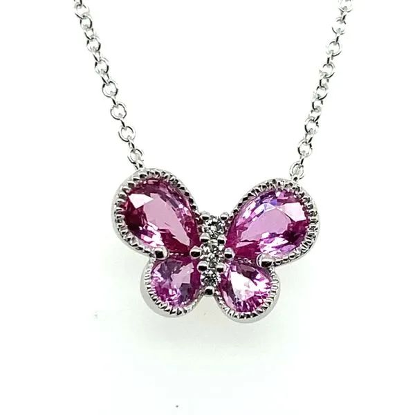 14K White Gold Pink Sapphire and Diamond Butterfly Necklace Hannoush Jewelers, Inc. Albany, NY