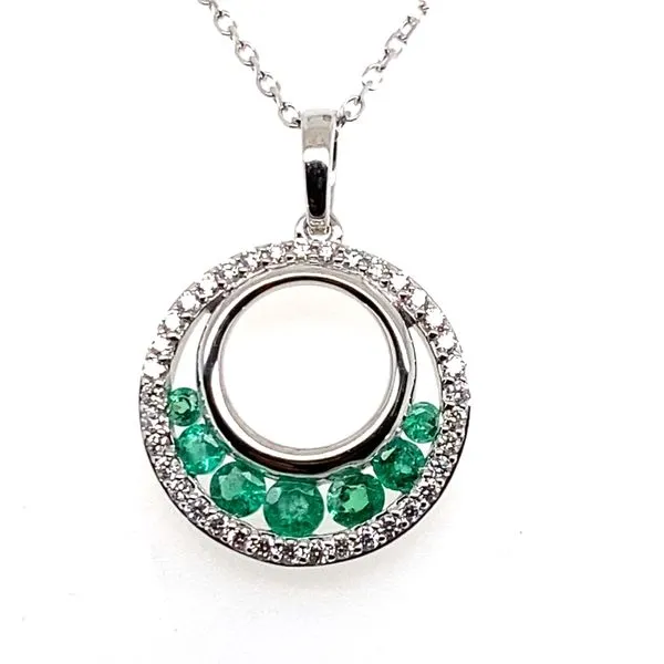 14K White Gold Emerald and Diamond Double Circle Pendant Necklace Hannoush Jewelers, Inc. Albany, NY
