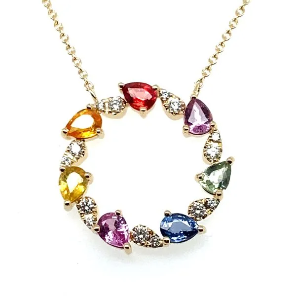 14K Yellow Gold Multi Color Sapphire, Gemstones and Diamond Circle Pendant Necklace Hannoush Jewelers, Inc. Albany, NY