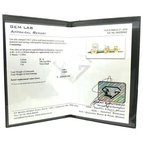 14KT Yellow Gold 2.00ctw Lab Grown Diamond Stud Earrings Image 2 Harmony Jewellers Grimsby, ON