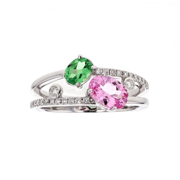 Simon G - 18KT White Gold Pink Spinel, Tsavorite, and 0.21ctw Diamond Ring Harmony Jewellers Grimsby, ON