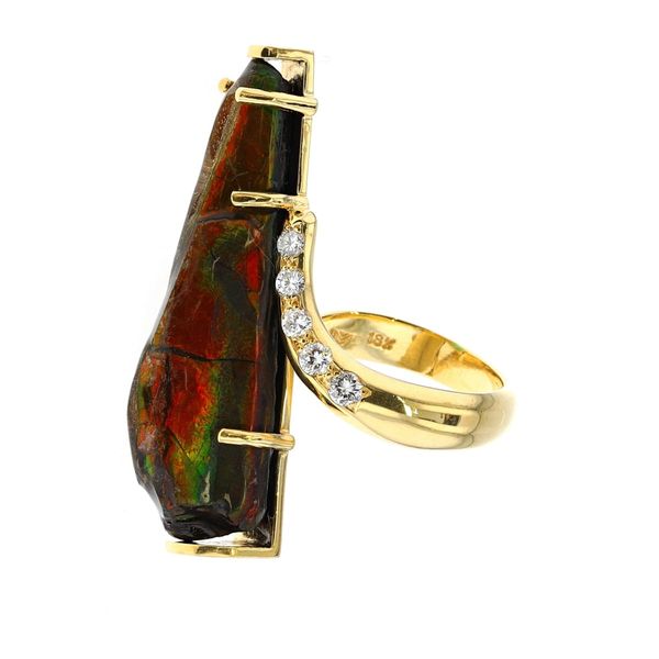 18KT Yellow Gold Ammolite, Emerald and 0.36ctw Diamond Estate Ring Image 2 Harmony Jewellers Grimsby, ON