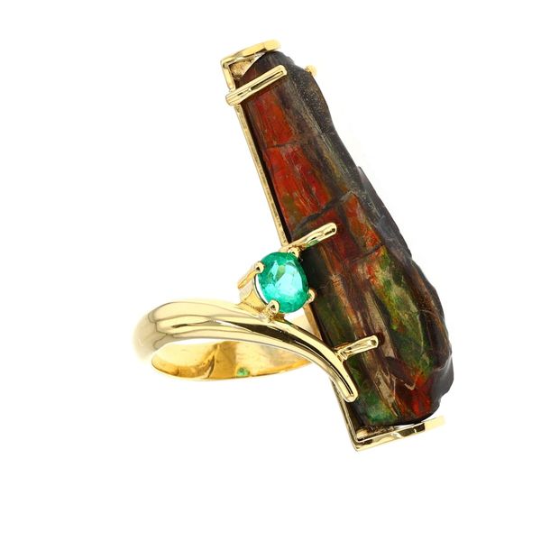 18KT Yellow Gold Ammolite, Emerald and 0.36ctw Diamond Estate Ring Image 3 Harmony Jewellers Grimsby, ON