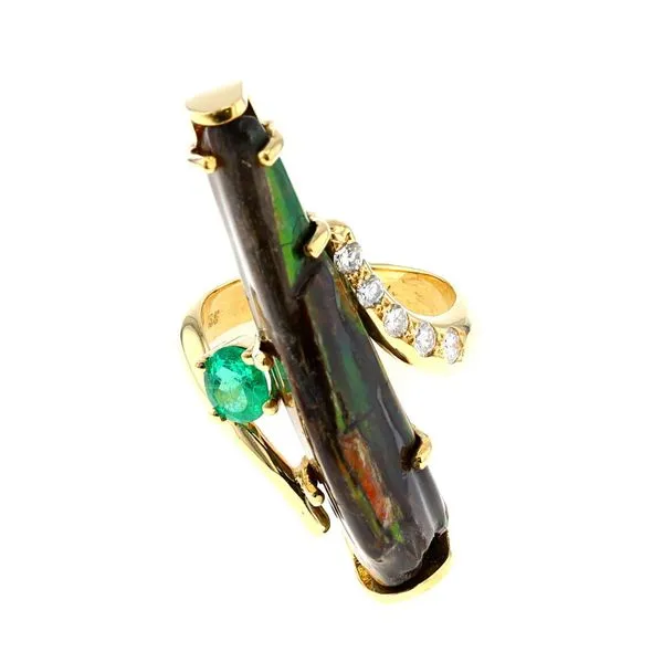 18KT Yellow Gold Ammolite, Emerald and 0.36ctw Diamond Estate Ring Harmony Jewellers Grimsby, ON