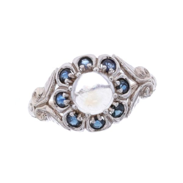 14KT White Gold Natural Moonstone and Blue Sapphire Esate Ring Harmony Jewellers Grimsby, ON