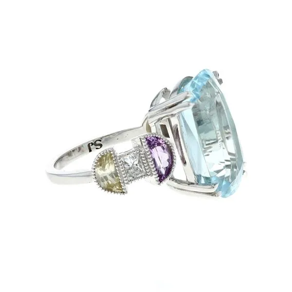 14KT White Gold Aquamarine, Pink Sapphire, Yellow Sapphire and 0.50ctw Diamond Estate Ring Image 2 Harmony Jewellers Grimsby, ON