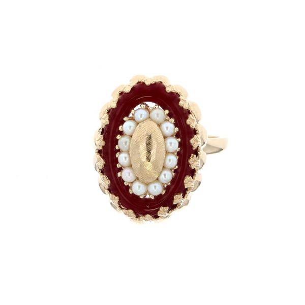 14KT Yellow Gold Cultured Pearl and Natural Red Coral Estate Ring Harmony Jewellers Grimsby, ON