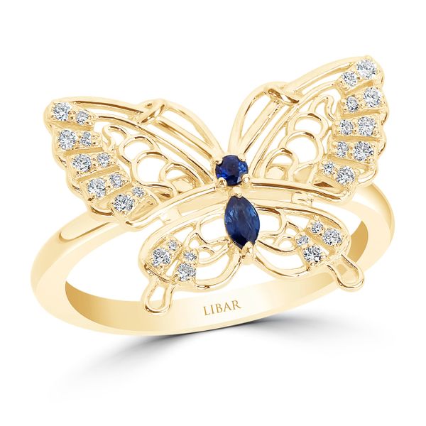 14KT Yellow Gold Blue Sapphire and 0.18ctw Diamond Butterfly Ring Harmony Jewellers Grimsby, ON