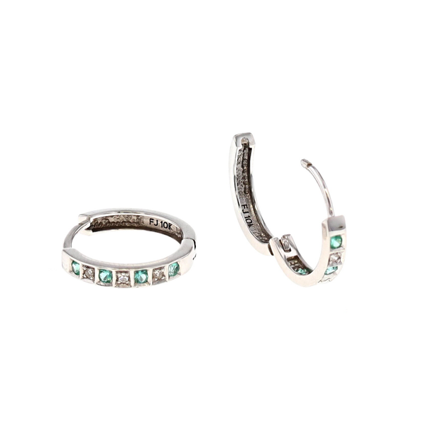 10KT White Gold Emerald and 0.03ctw Diamond Hoop Earrings Harmony Jewellers Grimsby, ON
