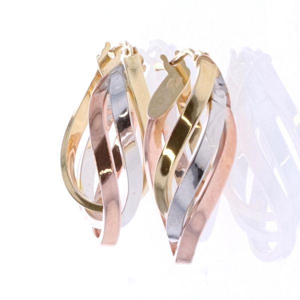 10KT Yellow, White and Rose Gold Twisted Hoop Earrings Harmony Jewellers Grimsby, ON