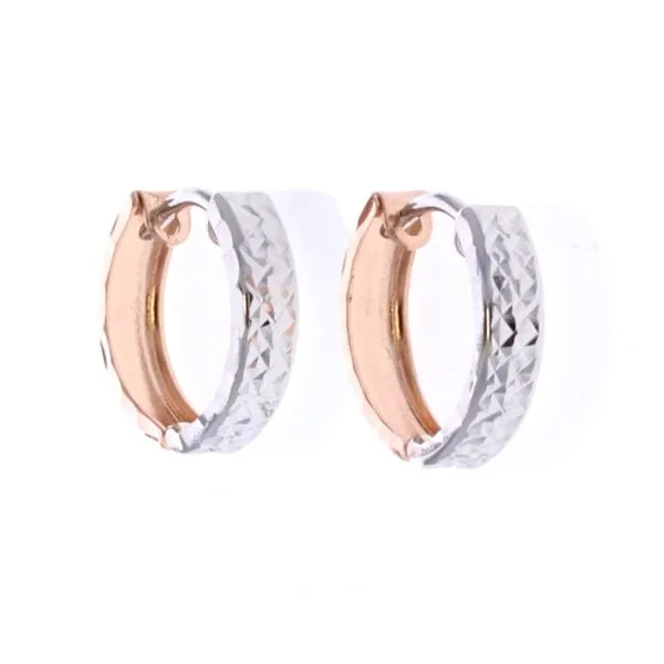 10KT White and Rose Gold Diamond Cut Huggie Earrings Harmony Jewellers Grimsby, ON