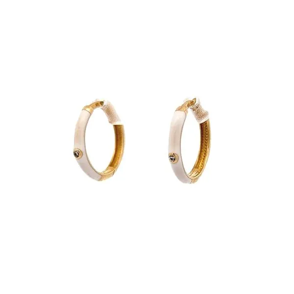 10KT Yellow Gold White Enamel and CZ 15mm Huggie Earrings Harmony Jewellers Grimsby, ON