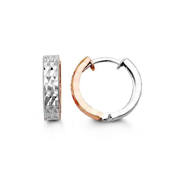 10KT White and Rose Gold Diamond Cut Huggie Earrings Harmony Jewellers Grimsby, ON