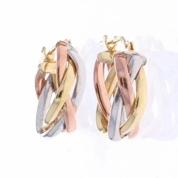 10KT Yellow, White and Rose Gold Braided Hoop Earrings Harmony Jewellers Grimsby, ON