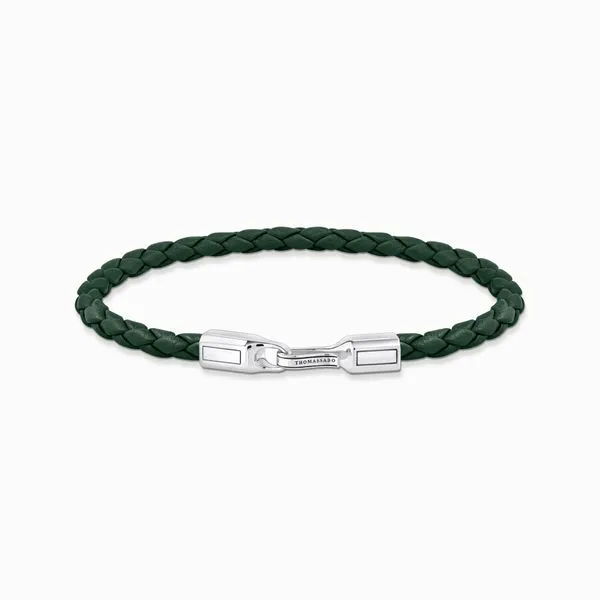 THOMAS SABO Silver bracelet with braided, green leather. Harmony Jewellers Grimsby, ON