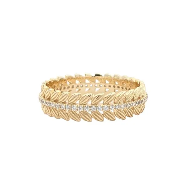 Sterling Silver Gold Plated CZ Leaf Band, 5.5mm Width Harmony Jewellers Grimsby, ON