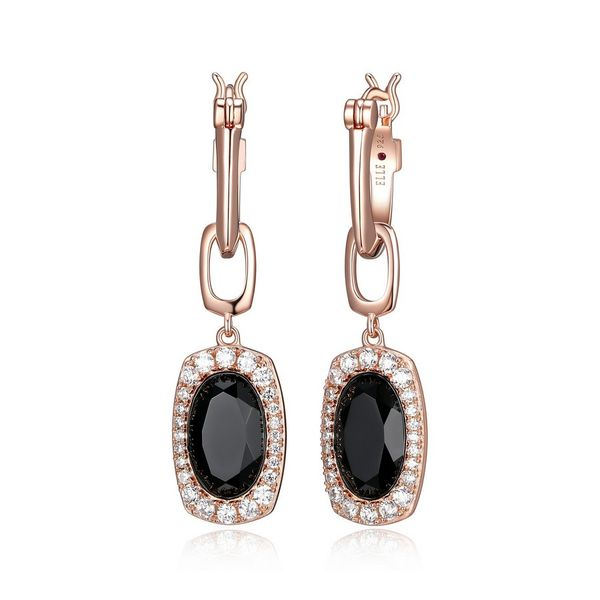 Sterling Silver Rose Gold Plated Genuine Oval Black Agate and CZ Drop Earrings Harmony Jewellers Grimsby, ON