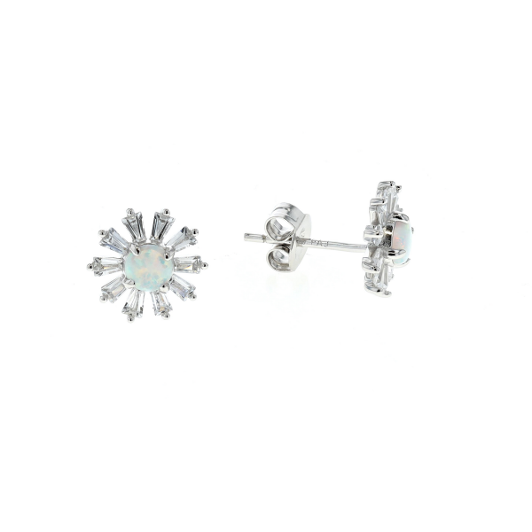 Reign Sterling Silver Rhodium Plated Created Opal and CZ Flower Stud Earrings Harmony Jewellers Grimsby, ON