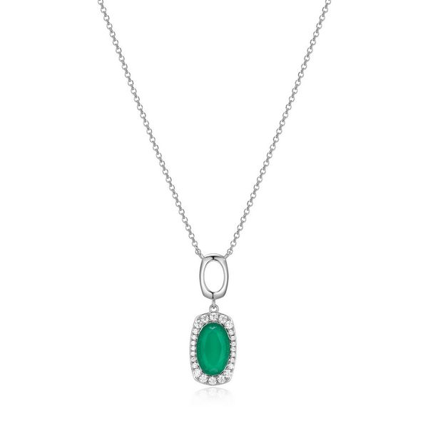 Sterling Silver Rhodium Plated Genuine Oval Chrysoprase and CZ 17+3