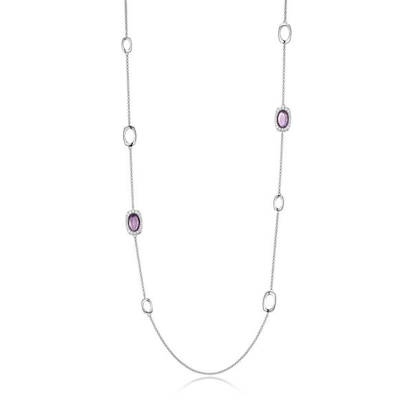 Sterling Silver Rhodium Plated Station Genuine Amethyst and CZ 36