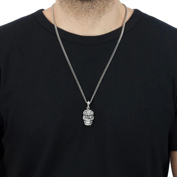 King Baby - Carved Baroque Skull Pendant on 24 in. Fine Curb Link Chain Image 2 Harmony Jewellers Grimsby, ON
