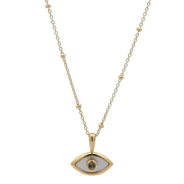 Reign Gold Plated Mother Of Pearl And Blue Topaz Evil Eye Necklace Harmony Jewellers Grimsby, ON