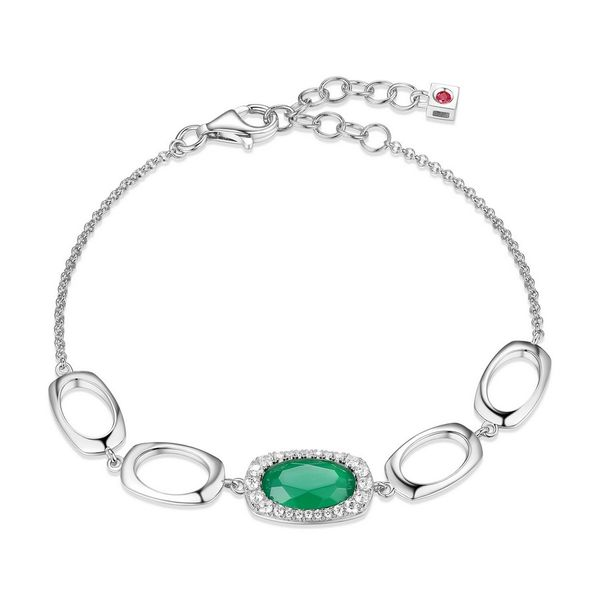 Sterling Silver Rhodium Plated Genuine Chrysoprase and CZ Oval Link 6.75+1.75